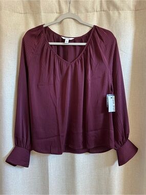NWT Nine West Plum w/Shadow Stripe Long-Sleeve Peasant Blouse